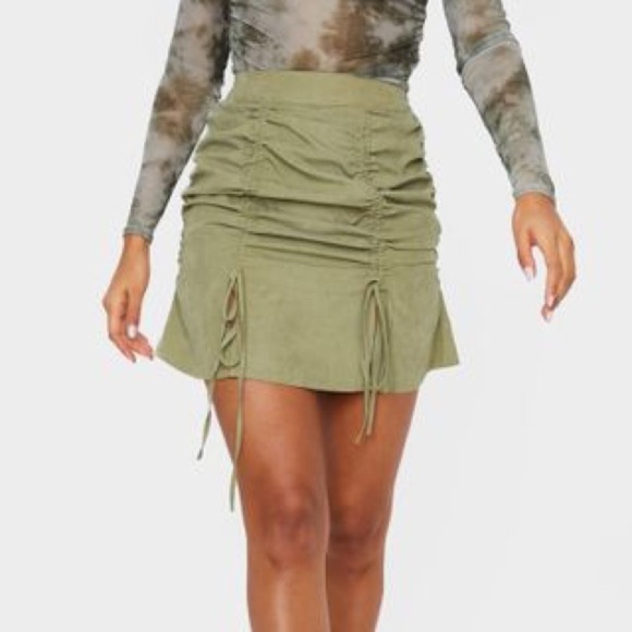 Khaki Faux‎ Suede Double Ruched Detail Mini Skirt - Picture 2 of 8
